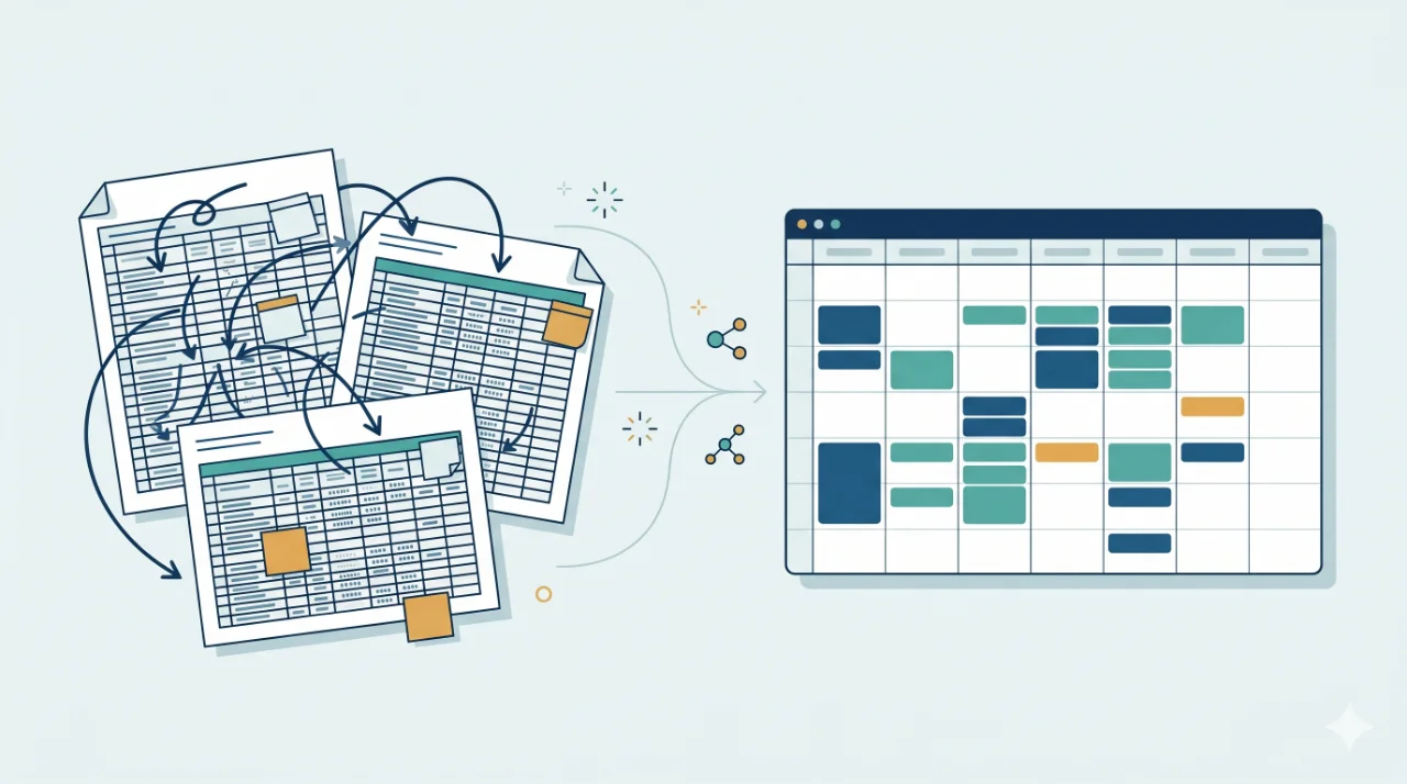 Three manual spreadsheets consolidating into one scheduling system