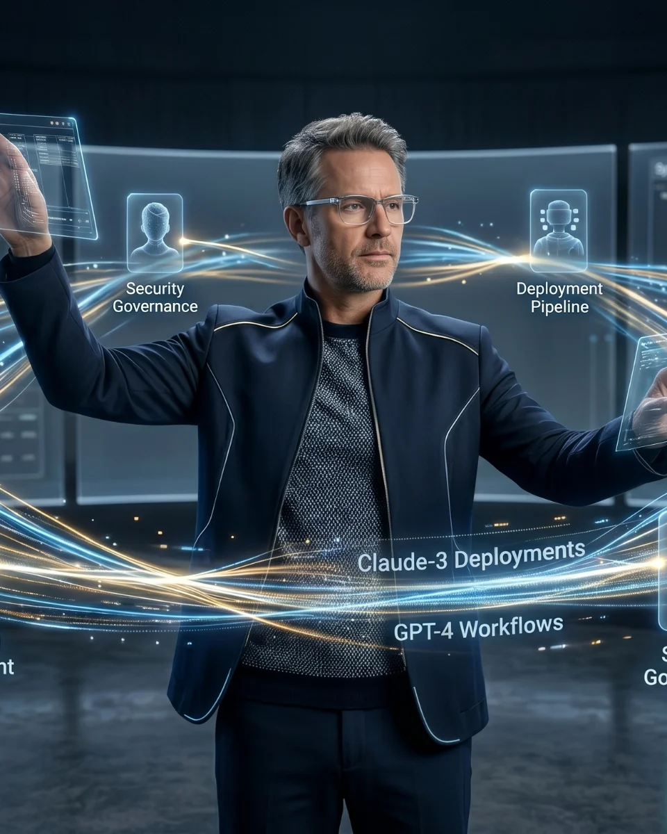 An engineer orchestrating AI deployment pipelines, agents, and governance across holographic interfaces