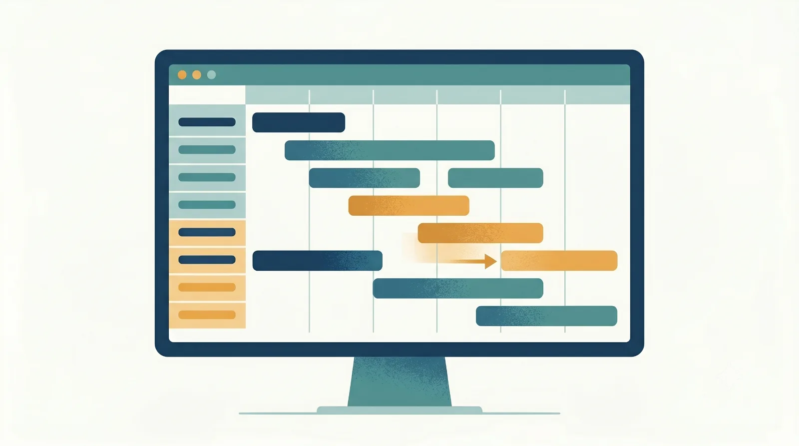 A calm, colour-coded Gantt board with one job bar sliding to a new day