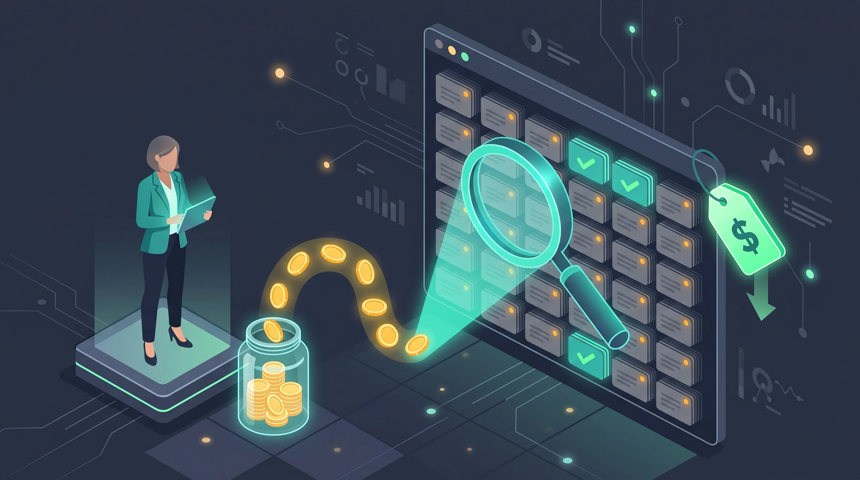 Auditing a SaaS stack — a magnifying glass over software tiles with cost flowing into savings