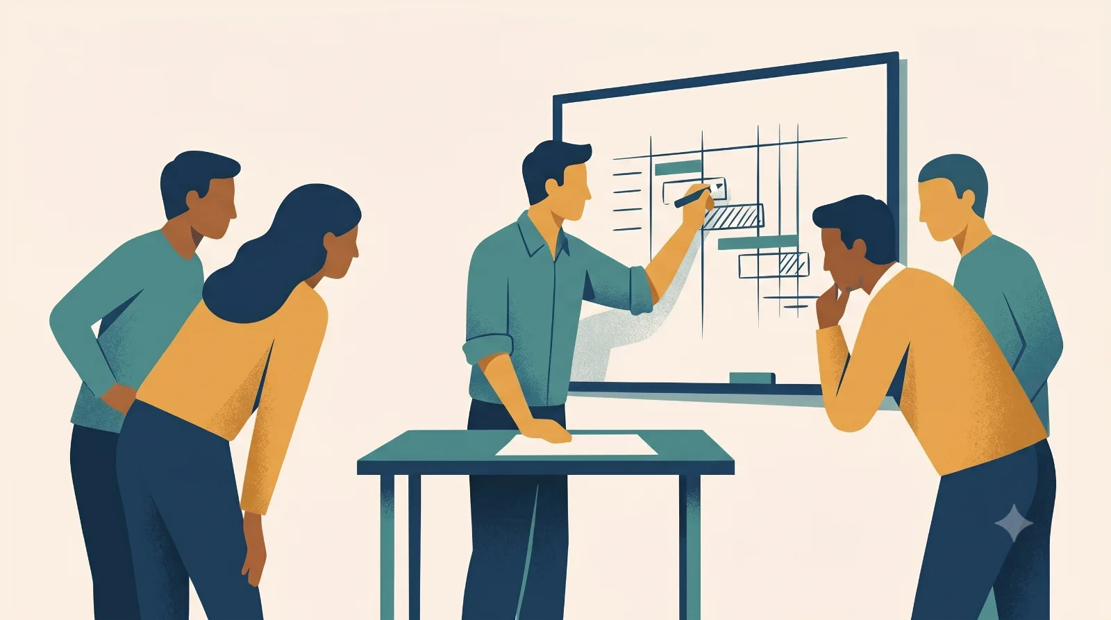 The engineer sketching the schedule on a whiteboard with the office team leaning in