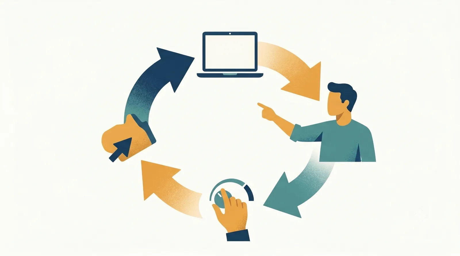 A loop: a working screen, a person pointing at it, a hand tweaking a dial