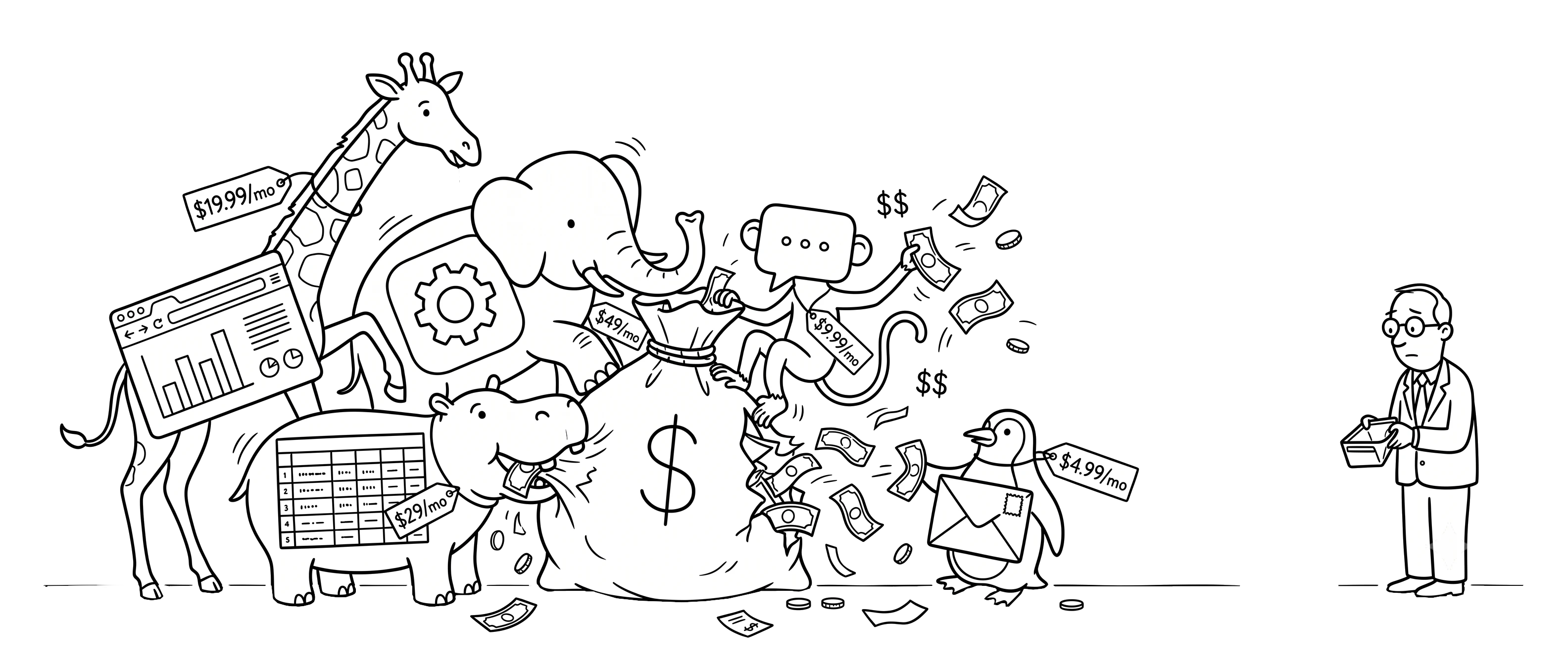 A zoo of software 'animals' wearing monthly price tags devouring a business's bag of money, while its owner looks on